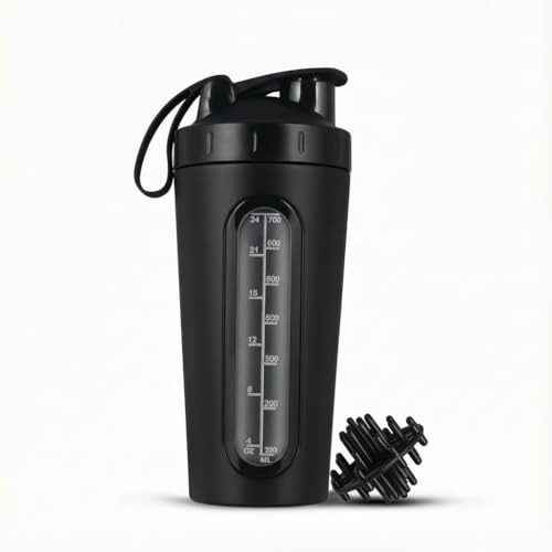 CIRCUIT GREEN Black Stainless Steel Protein Shaker Bottle 700ml Leak-Proof Gym Shaker with Mixing Ball & Measurement Window 304 Stainless Steel