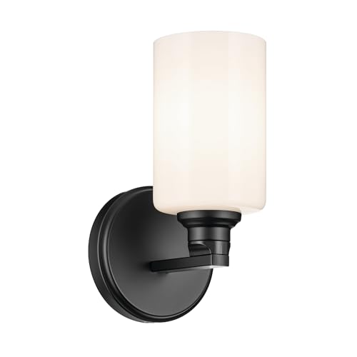 Image of Kichler Gioe 5 inch 1-Light Wall Sconce Bathroom Light Fixture with Opal Glass in Black, Damp Rated for Powder Room, Kitchen, Hallway, Bedroom (5 inch x 9.5 inch x 5 inch), 55224BK