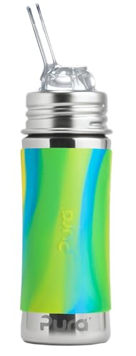 Pura Toddler Baby Straw Bottle - Stainless Steel Plastic Free Silicone Straw Aqua Swirl