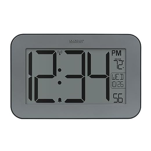 La Crosse Technology 513-02927 Atomic Digital Clock with Indoor Temp and Calendar - 4inch Large Digits - Silver Finish - Wall Mount and Table Top