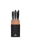 Karaca Mastercut 6-Piece Black Knife Set with Block, Stainless Steel Kitchen Knives Sets with Ergonomic Handles, Includes Cleaver, Cutting, Bread, Vegetable, Paring Knives & Stand