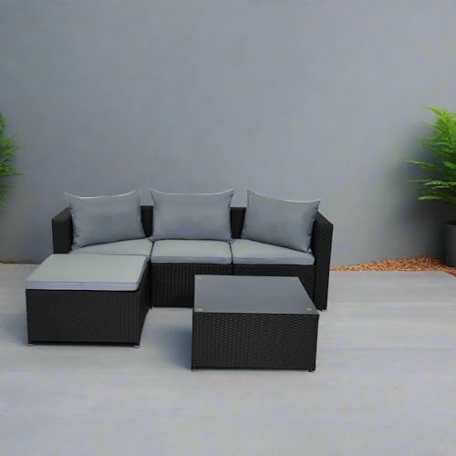 EVRE Malaga Black Rattan Garden Outdoor Furniture Wicker Set 4 Seat Corner Sofa Couch Footstool Glass Top Table with Cushions for Patios Conservatories Gardens