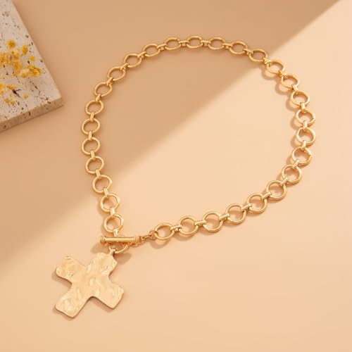 Chunky Gold Necklace Chunky Cross Necklace for Women Big Cross Statement Necklaces Trendy Toggle Necklaces Hammered Bold Vintage Jewelry 5