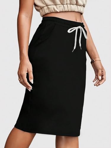 EARKOHA 2025 Skirts for Women Women's Casual Solid Color Drawstring Waist Bodycon Skirt Black M4