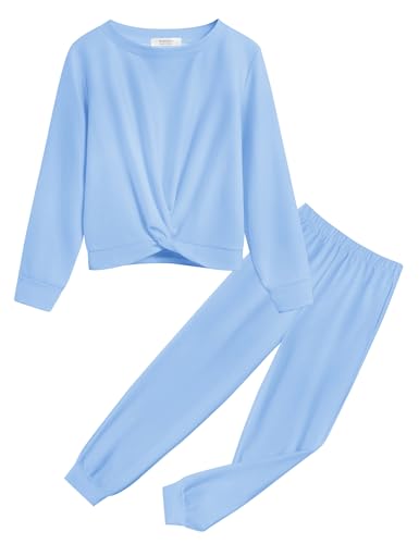 Image of Arshiner Girls 2 Piece Outfits Fashion Twist Front Tracksuit Long Sleeve Pullover Sweatshirt Sweatpants Jogger set Sweatsuit