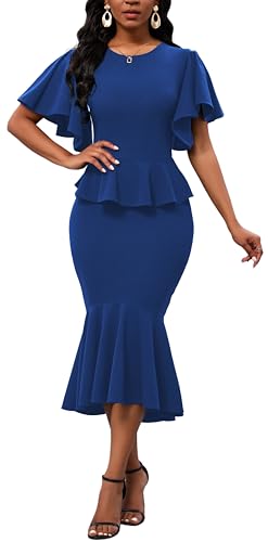 Image of Womens Summer Ruffle Short Sleeve Fishtail Dress Evening Cocktail Formal Peplum Midi Mermaid Dresses Elegant
