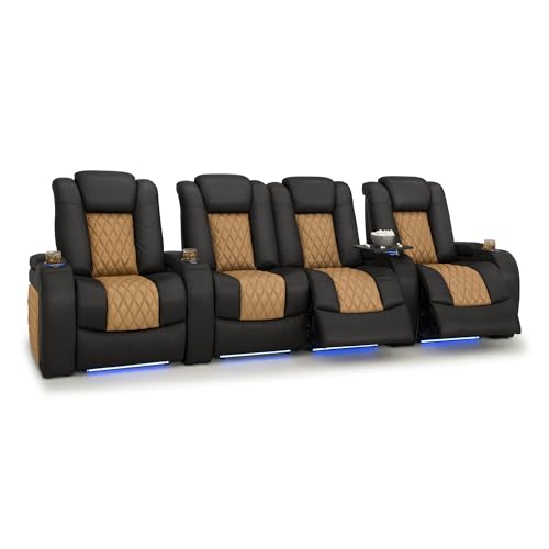 Image of Seatcraft Diamante Black /Tan Oak Italian Leather Home Theater Seating, Zero Gravity Power Recliner, Gaming and Home Office Chair, Powered Headrest Furniture for Cinema Room, Row of 4 Middle Loveseats