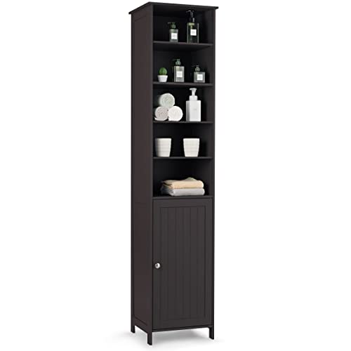 Tangkula Slim Tall Bathroom Storage Cabinet, 72' H Floor Standing Tower Cabinet with Adjustable Shelves & Cupboard with Door, Space Saving Narrow Storage Cabinet for Bathroom (Brown)