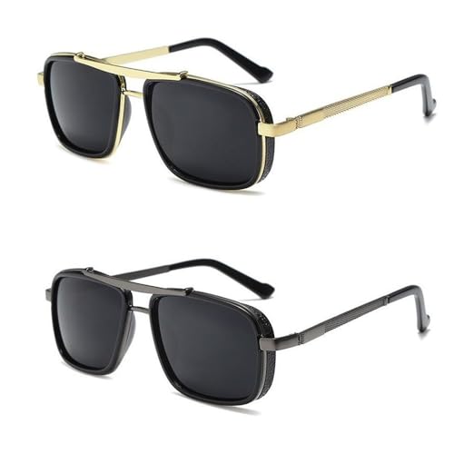 Lunettes de soleil carrées aviateur homme lot de 2 monture double pont dorée et verres gris