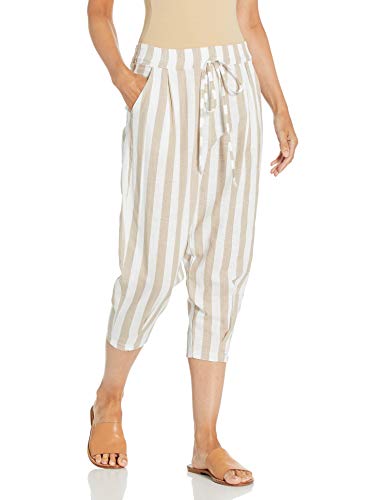 M Made in Italy Women's Linen Blend Striped Cropped Pants, Beige Combo, X-Large