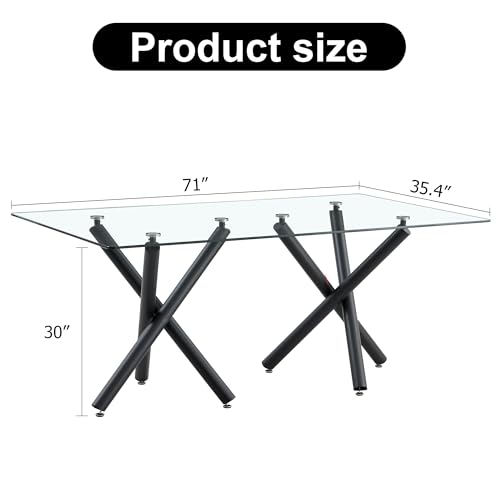 NYEESS 71” Glass Dining Table, Large Dining Room Table for 6-8 People, Kitchen Table for Dining Room,0.4 Thickened Tempered Glass Top with Black Metal Legs