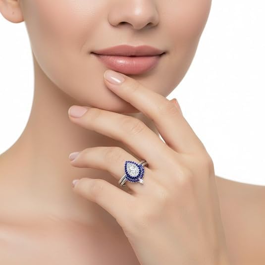 Image of 55Carat Choose Your Gemstone Bezel Pear Shape Halo CZ Diamond CZ Ring Sterling Silver Pear Shape Wedding Ring Sets Ornaments Surprise for Wife Symbol of Love Clarity Comfortable US Size 4 to 12
