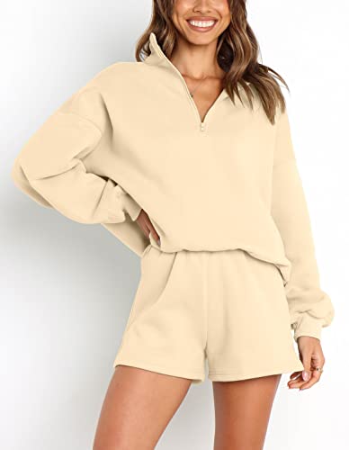 Merokeety Women's Oversized Matching Lounge Sets Long Sleeve Zipper Short Sweatsuit Set With Pockets, Apricot, M #TOP4