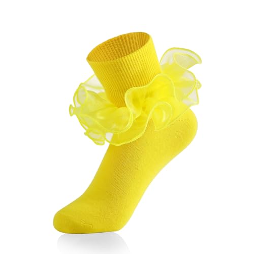 Komorebi Yellow Ruffle Socks Women - Cute Frilly Lace Ankle Socks - Soft Cotton Girls Sock Yellow 1 Pack One Size