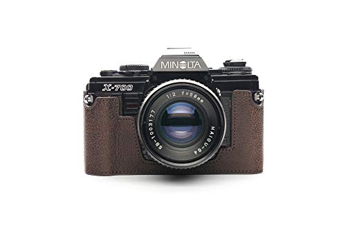 Minolta X-700 Case, BolinUS Handmade Genuine Real Leather Half Camera Case Bag Cover for Minolta X-700 with Hand Strap (Coffee)