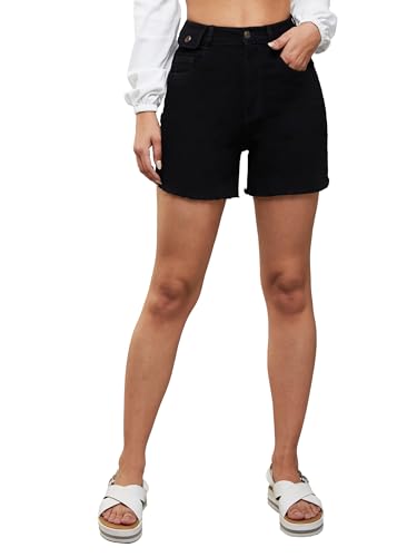 Image of Dolce Crudo Women's Relaxed Fit Mid-Rise Denim Shorts with Adjustable Waist & Frayed Hem