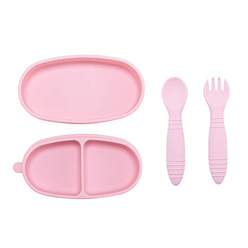 Wooden Teether 離乳食プレートセット スプーン/フォーク付き 吸盤ボウル シリコン製 ベビー食器 赤ちゃん ひっくり返らない 持ち運び便利 くっつく ワンプレート皿 子供 幼児 ピッタリ吸着 滑り止め 電子レンジ食洗器対応 出産祝い ギフト プレゼント BPAフリー ピンク