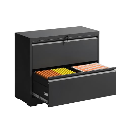 FLIXELIO File Cabinets 2 Drawer,Metal Office Storage Filing Cabinet with Lock,Black Lateral Filing Cabinet for Home Office,Horizontal 2-Drawer File Cabinets for Legal/Letter/A4,Assembly Require,Black