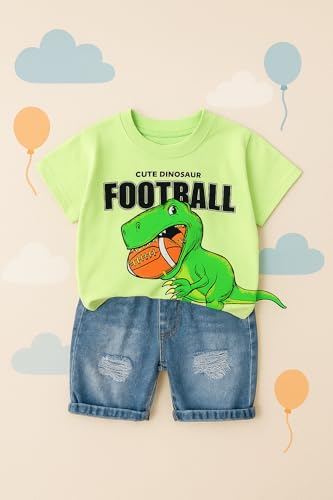 Image of Bold N Elegant Kids Dinosaur Football Cotton Half Sleeve T-Shirt with Denim Shorts Set for Infant Toddler Baby Boys Girls