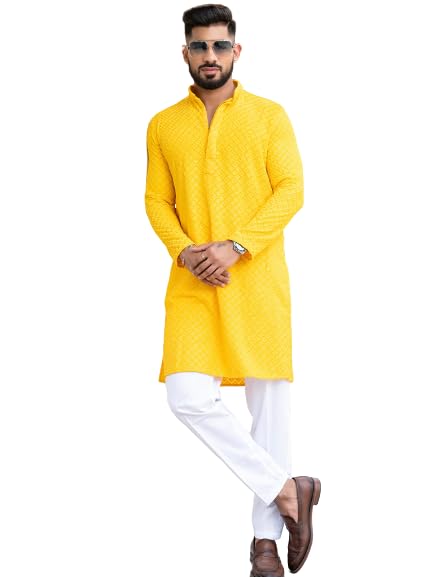 Image of Men's Floral Embroidered Cotton Rich Traditional and Lakhnavi Ethnic Wear Straight Partywear Kurta Set Pack Of 01.