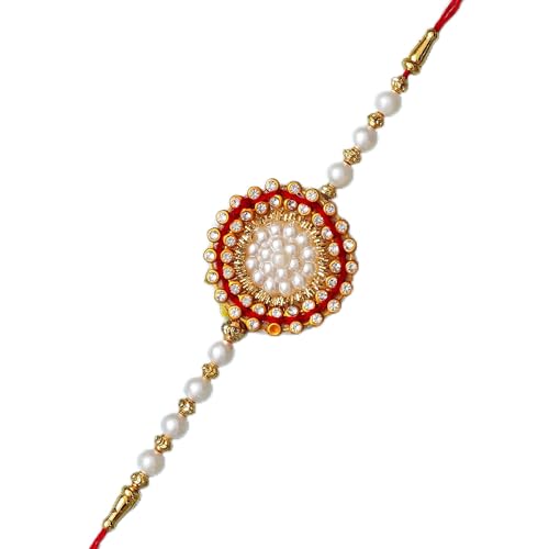 Image of eCraftIndia Set of 5 Multicolor Beads Pearls Diamond Rudraksha Rakhis for Brother Bhaiya Bhai | Roli Chawal Pack | Raksha Bandhan Rakhi