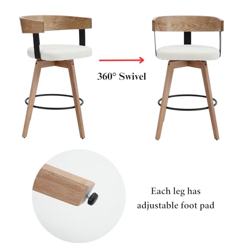 LukeAlon Butacos Giratorios de Altura para Isla de Cocina, 26", Tapizados en Lino Blanco, Estilo Mid Century con Espalda Curva de Madera y Patas de Madera, Juego de 4 miniatura 4