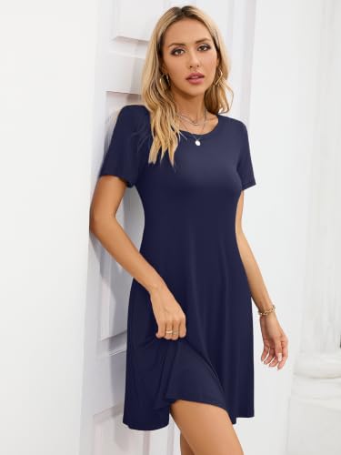 Image of KORSIS Summer Women's Dress Casual T-Shirt Short Sleeve Dresses Swing Flowy Beach Vacation Work Sundress with Pockets
