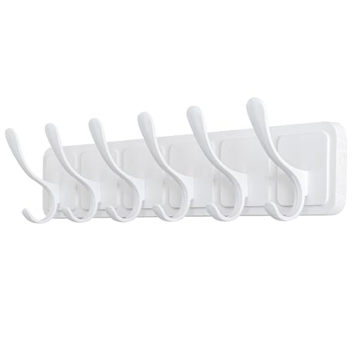 SKOLOO Porte-manteau mural en bois sculpté de style scandinave avec 6 crochets pour manteaux, chapeaux, vêtements et écharpes Blanc