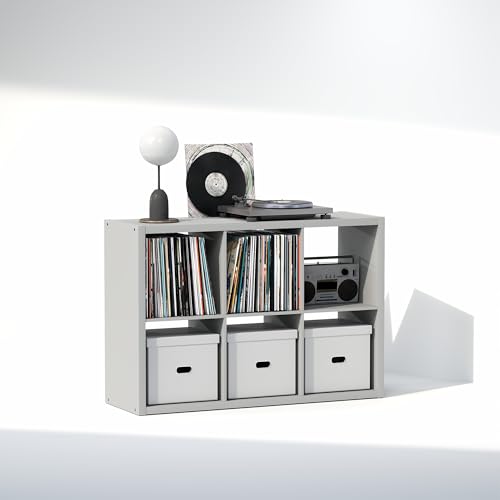 Image of Furinno Cubicle Record Player Stand, 6-Cube Record Storage, Light Grey | Vinyl Storage, 1.2 inchInch Extra Thick, Open Back Media Shelf for CD DVD Bluray Game Disc, for Living Room, Home Office