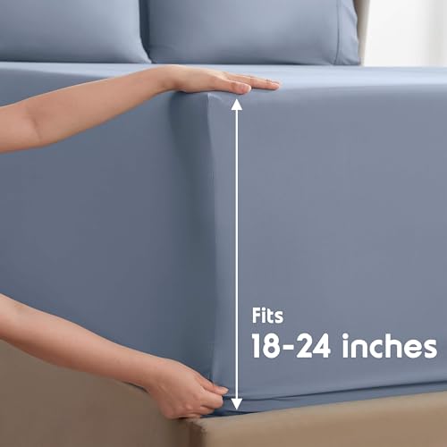 Image of Nestl Extra Deep Full Sheet Set - 6 Piece Breathable & Cooling Sheets - Hotel Luxury Bedding Set w /18-24 Inch Deep Pockets - Easy & Secure Fit - Super Soft, Wrinkle Free & Comfy - Stone Blue
