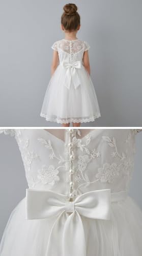 LalaMira Girls White Lace First Communion Dress with Veil - Tulle Flower Girl Wedding Dress with Pearl Button Back & Satin Bow White-6 Years - Thumbnail 5