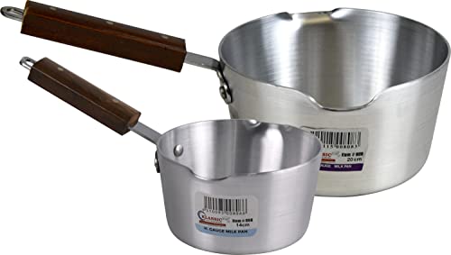 Sterling Ventures Klassic Combo Aluminium Cooking Saucepan Milk Pan with Heavy Gauge Wooden Handle (14cm & 20cm), Silver