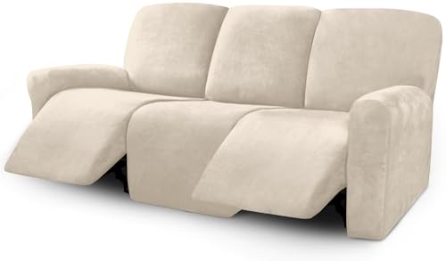 Image of Ultimate Decor 8-Pieces Recliner Sofa Covers Velvet Stretch Reclining Couch Covers for 3 Cushion Reclining Sofa Slipcovers Furniture Covers Thick Soft Washable (Ivory)