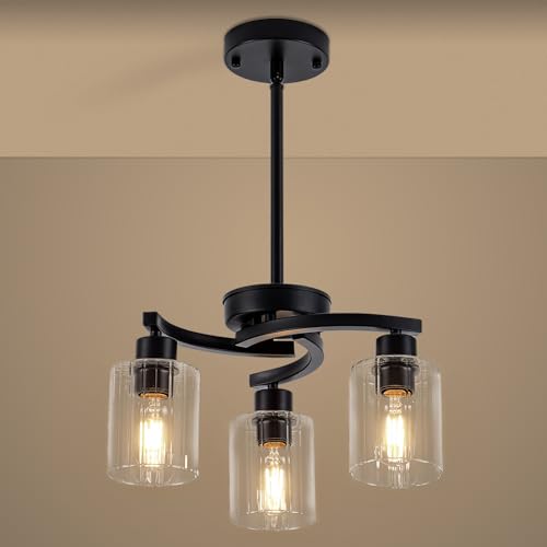 SHIGUANG Black Chandelier, 3 Light Chandeliers for Dining Room Light Fixtures Over Table, Industrial Hanging Pendant Lighting with Glass Shade for Kitchen Island Farmhouse Entryway