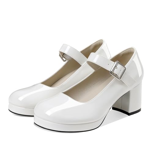 Image of femflame Women's Low Chunky Heel Mary Jane Pumps Ankle Buckle Strap Sweet Round Toe Dress Shoes JK Cosplay Uniform Dress Shoes