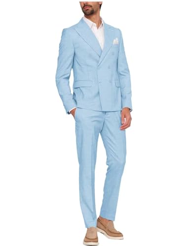 Mens Linen Suit Slim Fit Wedding Suit Double Breasted 2 Piece Suit Set Party Prom Business Blazer Pants