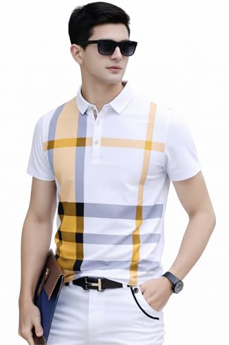 Image of Men's Polo Neck White T Shirt | Soft Casual Check Print Regular Fit Half Sleeve Collared T Shirt for Men's|S-POLO-JB-1004-WHITE Yellow Check-XXL|