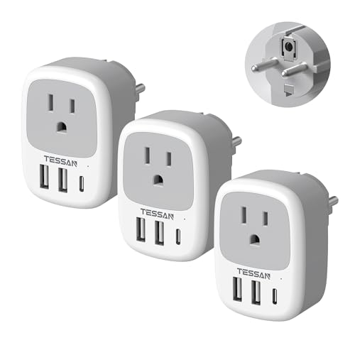 3 Pack Type E F Plug Adapter TESSAN Spain Adapter Plug with 3 USB Ports (1 USB C) South Korea Outlet Adapter for US to Europe Germany France South Korea Spain Iceland Greece Russia Norway