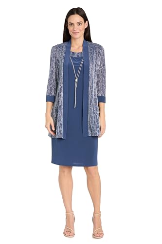 Image of R&M Richards Women's Elegant Metallic Jacquard Knit Jacket Dress | Shimmering 2-Piece Ensemble W /Detachable Necklace