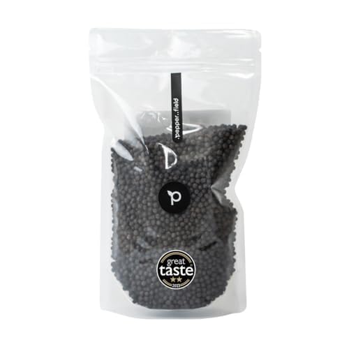 Pepper Field Kampot Pepper Black - Pimienta negra en grano de Camboya, fresca y sabrosa, granos enteros para molinillo y cocina, gran sabor, ideal para cocinar y asar (500g)