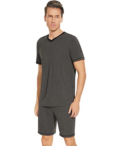 Image of NACHILA Pajamas for Men Pj Short Sleeve Sleepwear with Shorts V Neck Loungewear Cool Pajama,Viscose Made from Bamboo