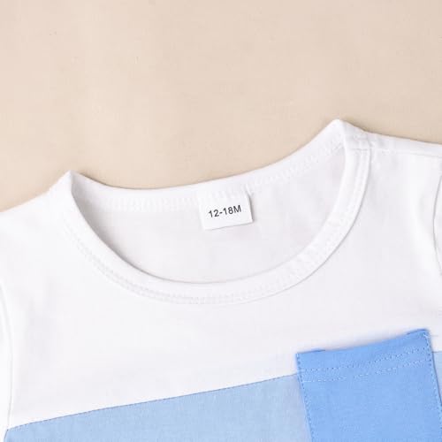 Image of Toddler Boy Clothes Baby Summer Outfit Patchwork Tee Shorts 12M-4T | Soft Patchwork Tee, Pocket Shorts With Stretch Waistband, Breathable For Summer Play, Machine Washable