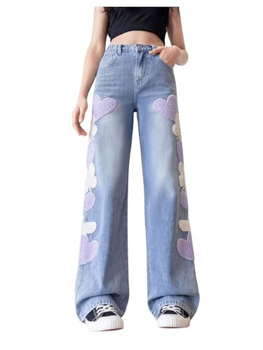 SHENHE Girl's Straight Leg Jeans Heart Print Elastic Waist Cute Denim Pants Jeans