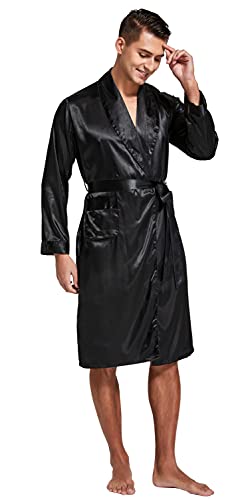 Image of TONY AND CANDICE Men's Satin Robe Lightweight Long Sleeve Silk Kimono Bathrobe with Shorts Set Sleepwear
