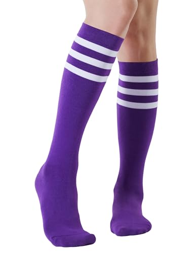 Joulli Womens Knee High Athletic Socks Stripe Tube Outdoor Sport Socks 1 Pair Purple