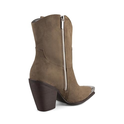 Image of keleimusi Women's Western Cowgirl Ankle Boots Stacked Block Heel Cowboy Booties Steel Toe Heeled Short Cowboy Boots Side Zipper Western Booties for Women