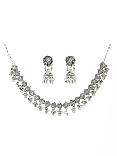 Oxidized-Necklace-Kundan-Indian-Jewelry-Sets for Women Jhumka-Choker-Earrings Chain Silver Jewelry Sets