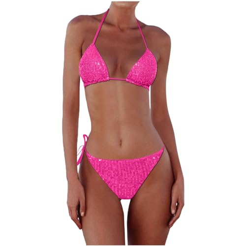 Costume Bikini Triangolo Multicolor con Paillettes Costume da Bagno Bikini A Triangolo Multicolore con Paillettes da Donna Bikini di Costume da Bagno Costumi da Bagno per Donna A Due (Hot Pink, L)