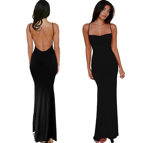 BOYSSPAA Vestido largo ajustado sin espalda para mujer, elegante, con curvas, sin mangas, tirantes delgados, vestido largo para salidas diarias, fiestas, cenas, citas, cumpleaños, Negro, S