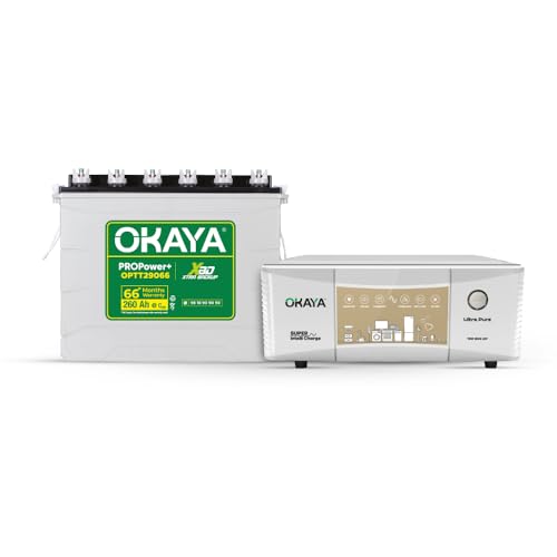 Image of Okaya Inverter & Battery Combo (Ultra Pure TSW 1500 True Sine Wave 1250VA /12V with Pro Power+ OPTT29066 260Ah /12V) Inverter with Battery for Home, Office & Shops